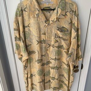 Vintage Columbia Tan and Green Fish Print Shirt